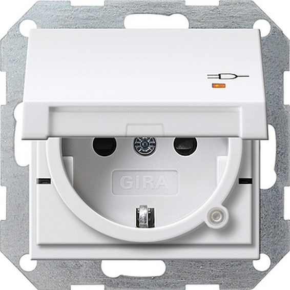 Розетка Gira SYSTEM 55, скрытый монтаж, с заземлением, с крышкой, со шторками, белый матовый, 276327, G276327