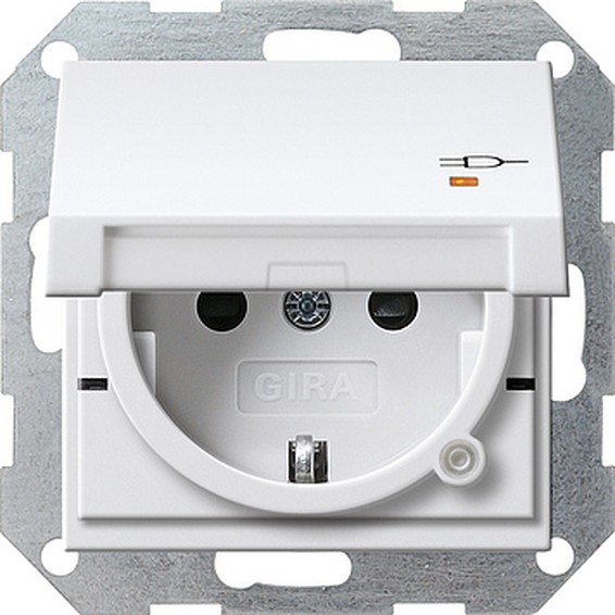 Розетка Gira SYSTEM 55, скрытый монтаж, с заземлением, с крышкой, со шторками, белый глянцевый, 276303, G276303
