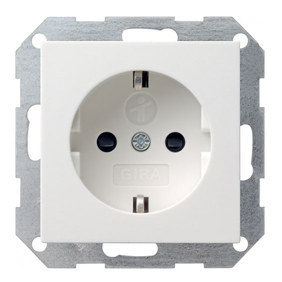 Розетка Gira SYSTEM 55, скрытый монтаж, с заземлением, со шторками, белый глянцевый, 045303, G045303