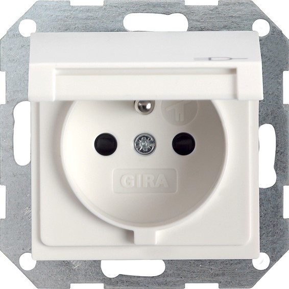 Розетка Gira SYSTEM 55, скрытый монтаж, с заземлением, с крышкой, со шторками, белый глянцевый, 048803, G048803