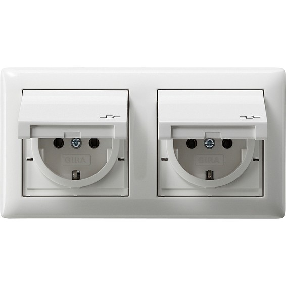 Розетка двухместная Gira SYSTEM 55, скрытый монтаж, с заземлением, с крышкой, белый глянцевый, 115803, G115803