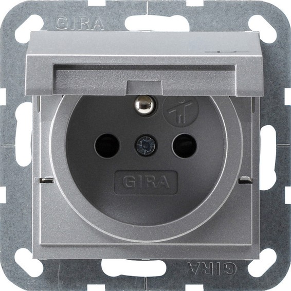Розетка Gira SYSTEM 55, скрытый монтаж, с заземлением, с крышкой, со шторками, алюминий, 048826, G048826