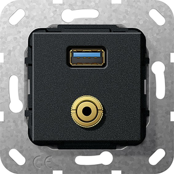 Розетка USB+mini-jack Gira SYSTEM 55, черный, 568710, G568710