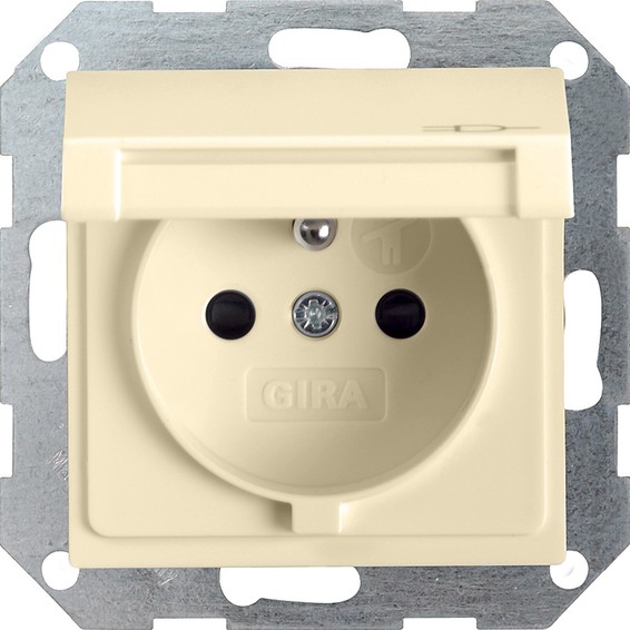 Розетка Gira SYSTEM 55, скрытый монтаж, с заземлением, с крышкой, со шторками, кремовый глянцевый, 048801, G048801