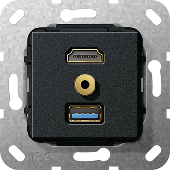 Розетка HDMI+USB+mini-jack Gira SYSTEM 55, черный, 568010, G568010