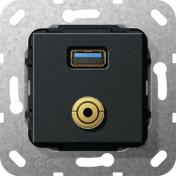 Розетка USB+mini-jack Gira SYSTEM 55, черный, 568610, G568610